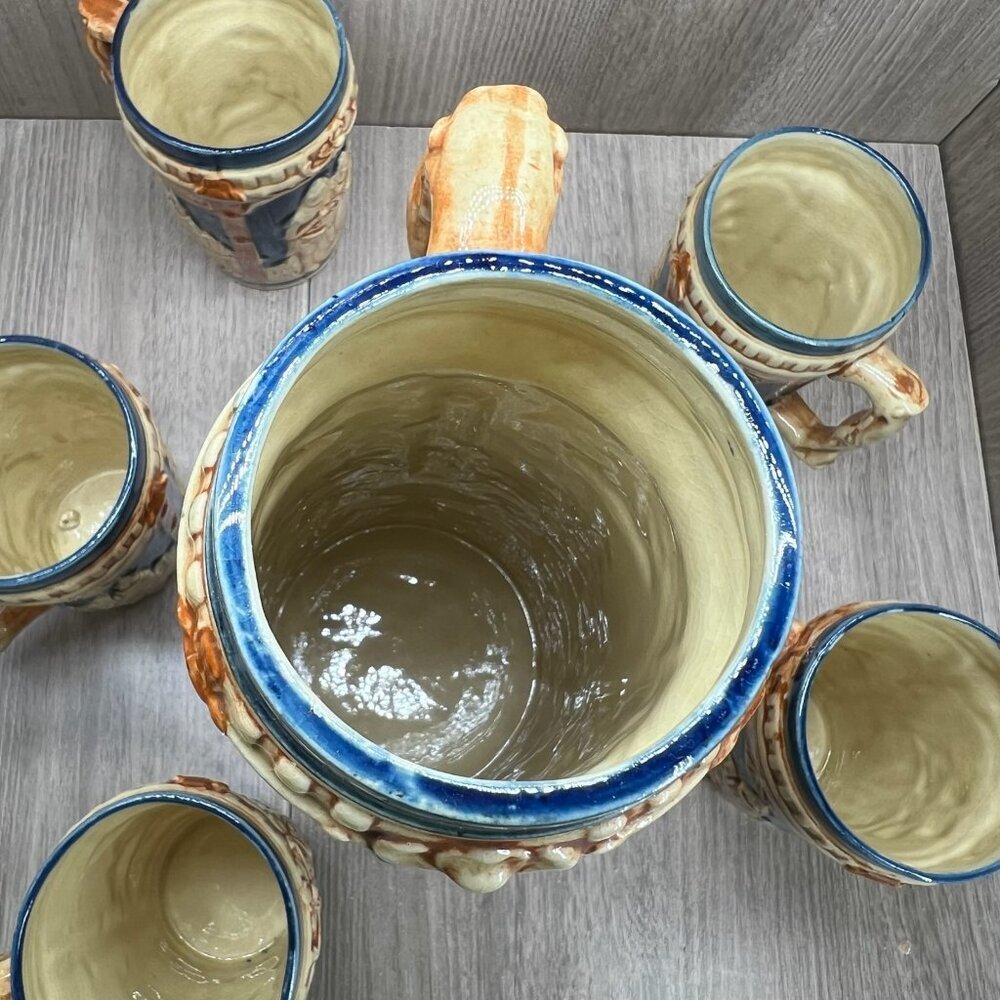 Vtg Ceramic Beer Stein Set w/Lidded Pitcher & 5 Mugs Made in Japan Blue Tan - Picture 6 of 16